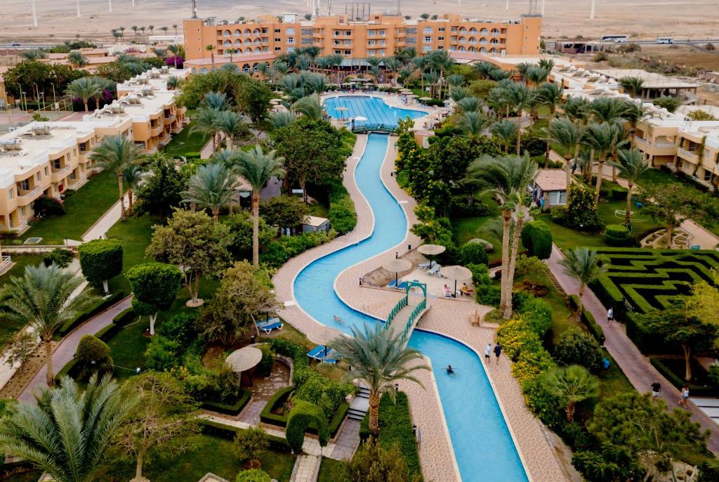 Aerial view of the pools and gardens at Golden Beach Resort