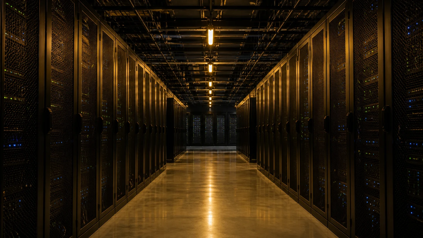 Photorealistic enterprise data center with warm gold aisle lighting