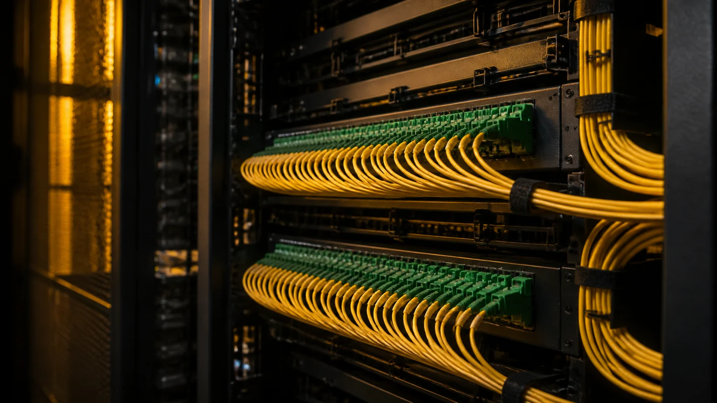 Organized enterprise fiber connections illuminated with warm gold light