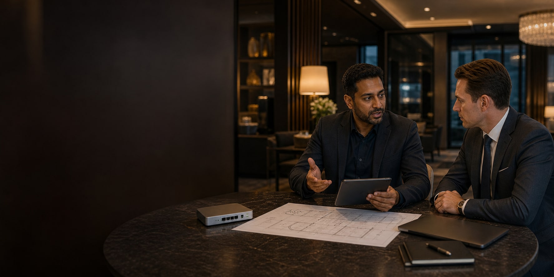 Network engineer discussing a tailored infrastructure plan with a hotel leader