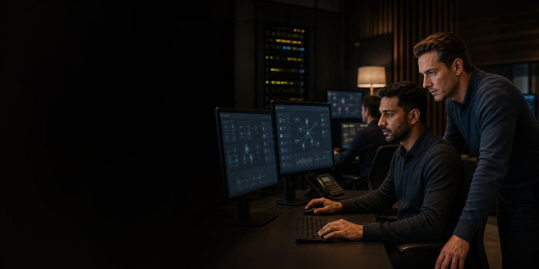 Network support engineers monitoring client infrastructure
