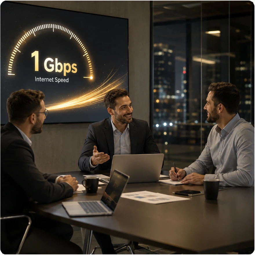 Business team discussing high-speed internet connectivity