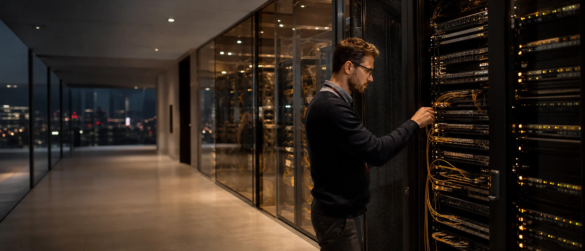 Network engineer managing carrier-grade fiber connectivity in a secure data center