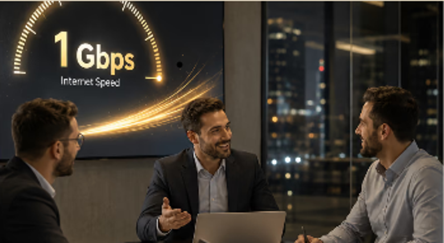 Business team supported by high-speed gigabit internet connectivity