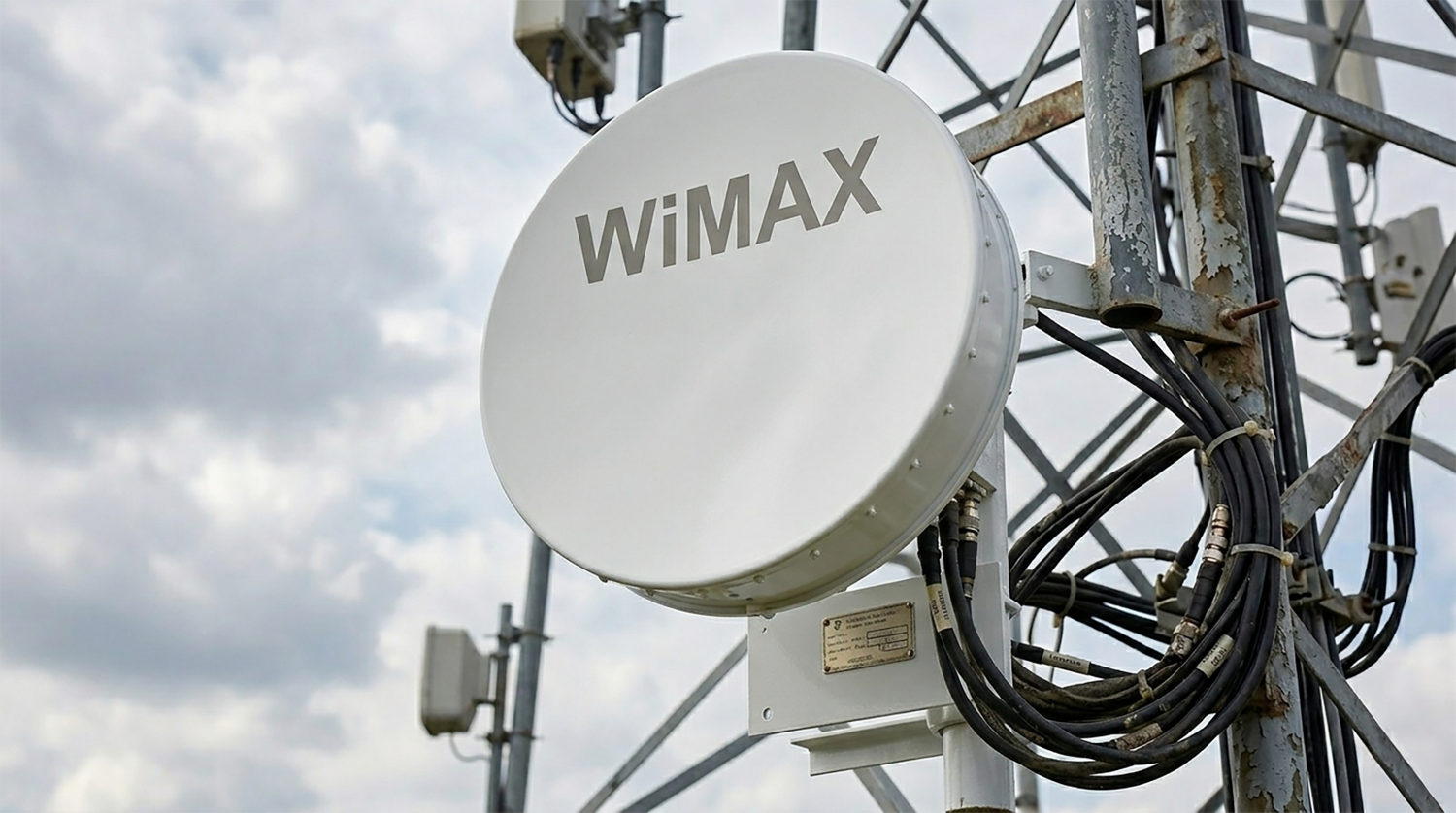 WiMAX wireless broadband dish mounted on a communications tower
