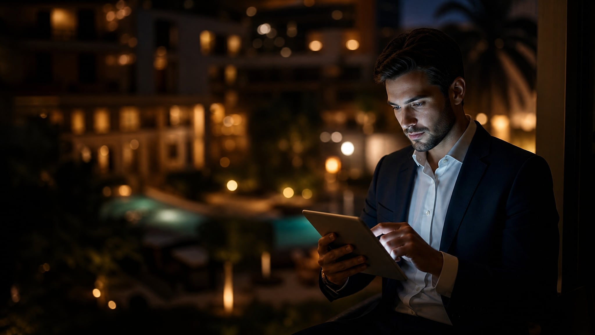 Business guest using a tablet on a secure internet hotspot