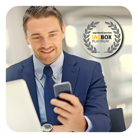 Business professional with the IAC-BOX Platinum Partner badge