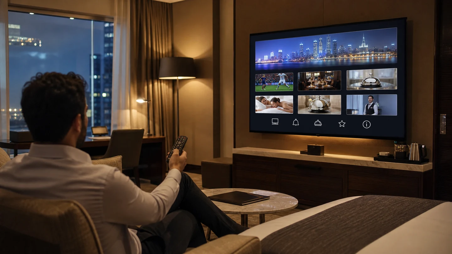 Hotel guest using a managed IPTV entertainment and hotel-services interface
