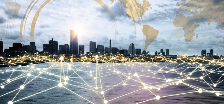 Connected city infrastructure visualized as a digital network