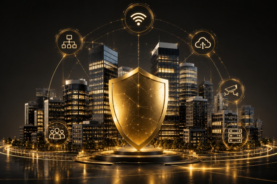 Secure connected IT ecosystem represented by a golden shield