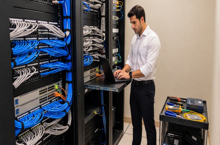 Network engineer configuring enterprise infrastructure in a server room