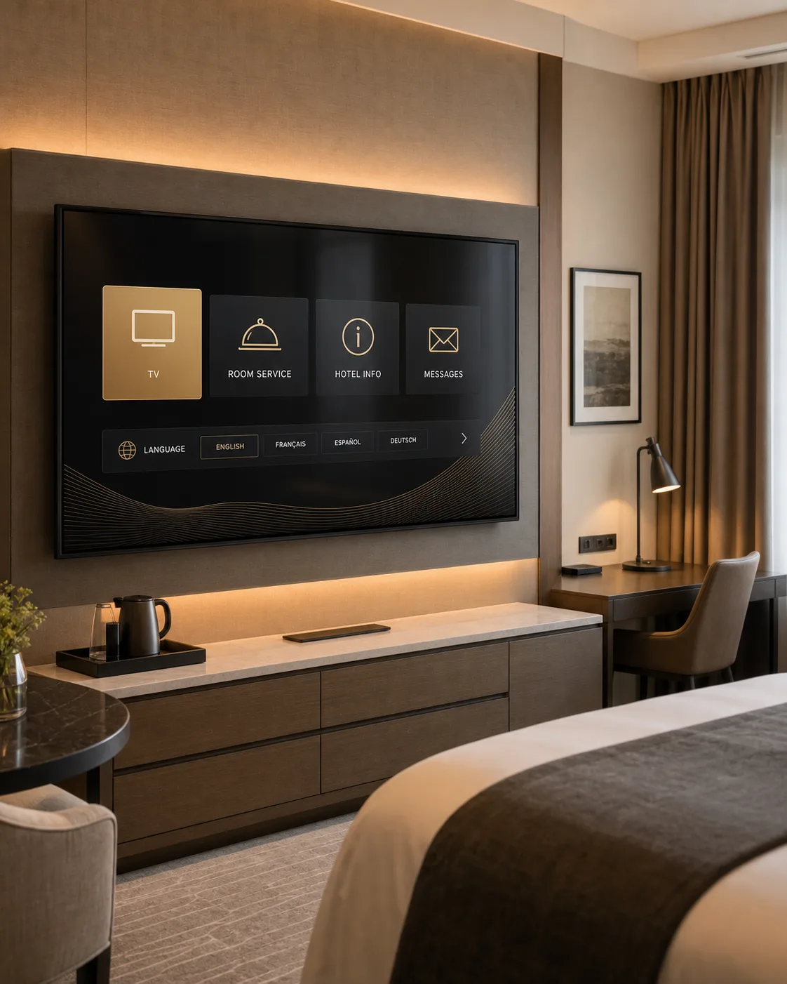 Hotel room television showing an IPTV service menu