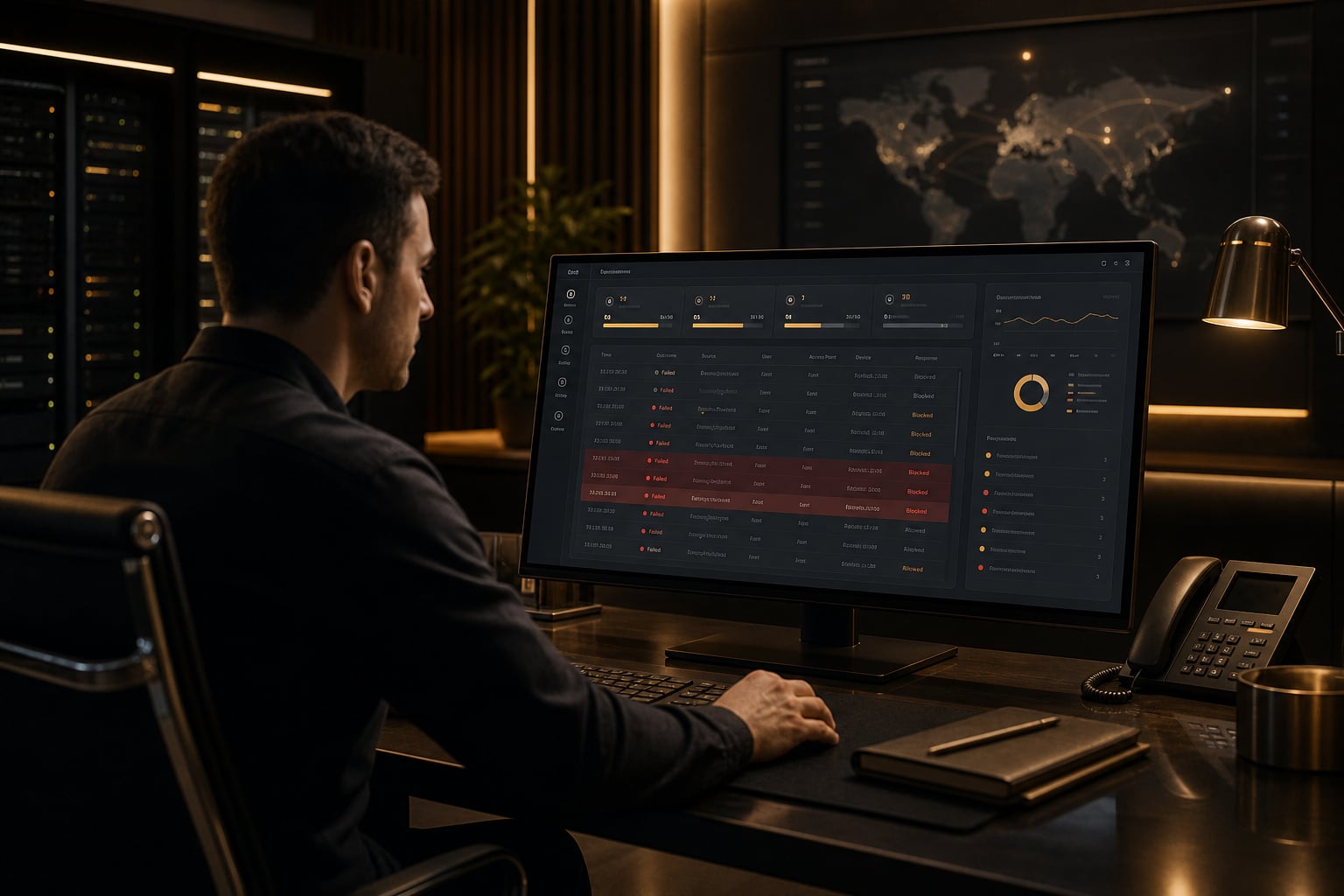 Network operator reviewing restricted hotel login attempts