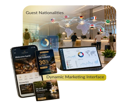 Hotel guest nationality insights and dynamic marketing interface shown across several devices
