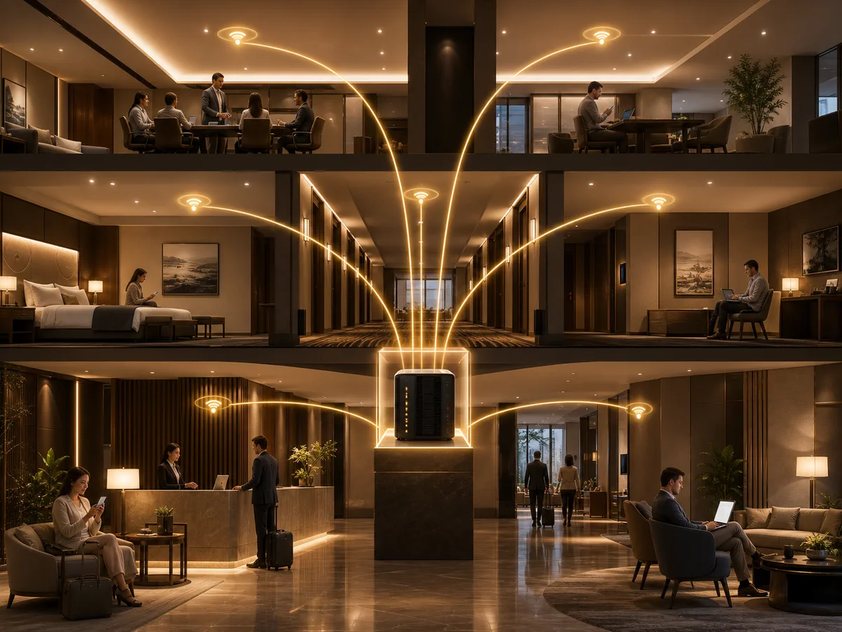 Centralized hotel Wi-Fi authentication connecting guest rooms, conference areas and the lobby