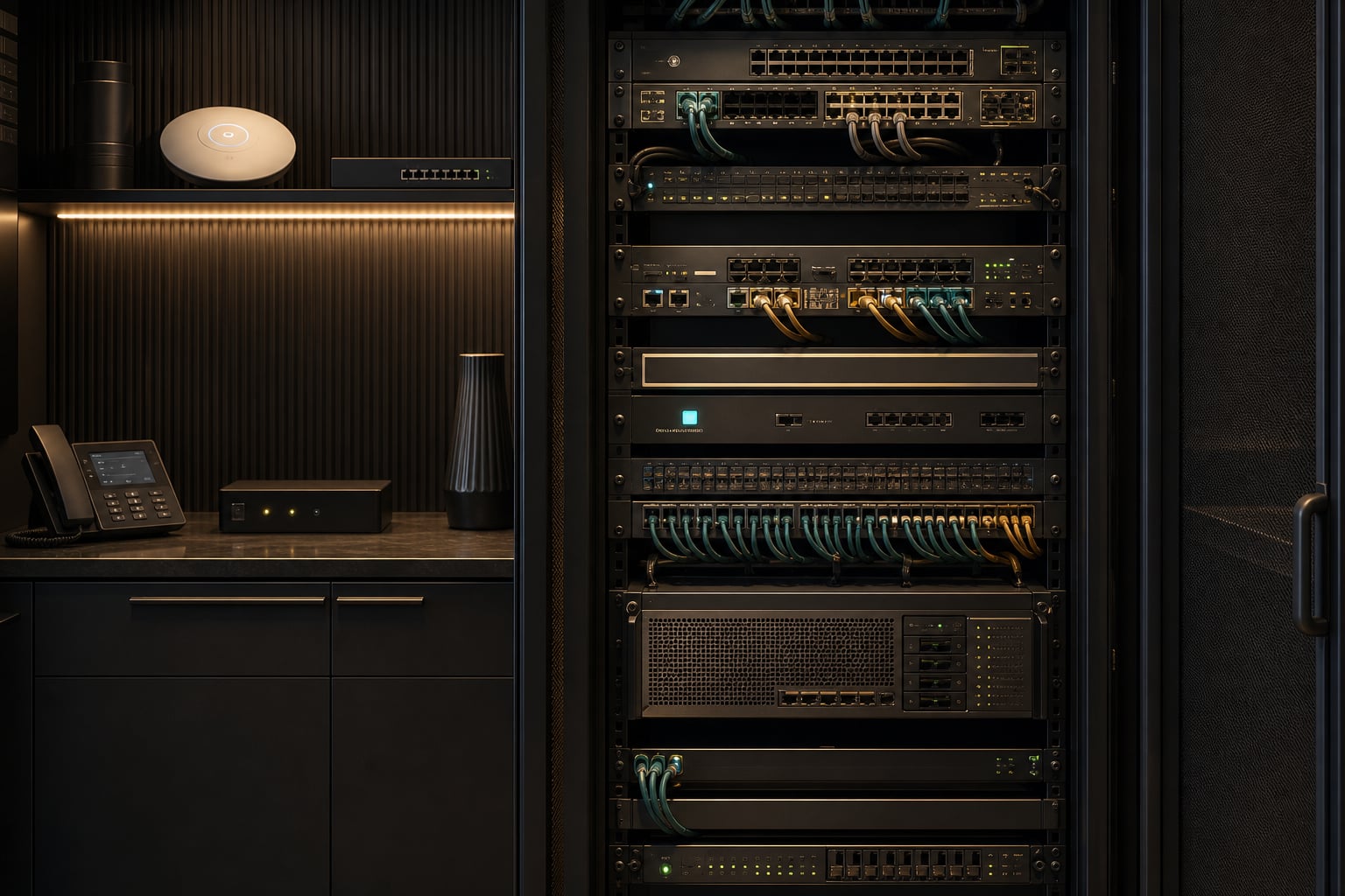 Interoperable hotel network equipment connected in a communications room