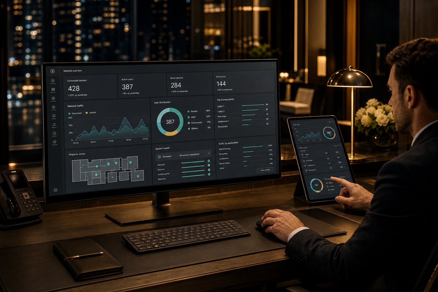 Hotel network dashboard showing connected users and property activity