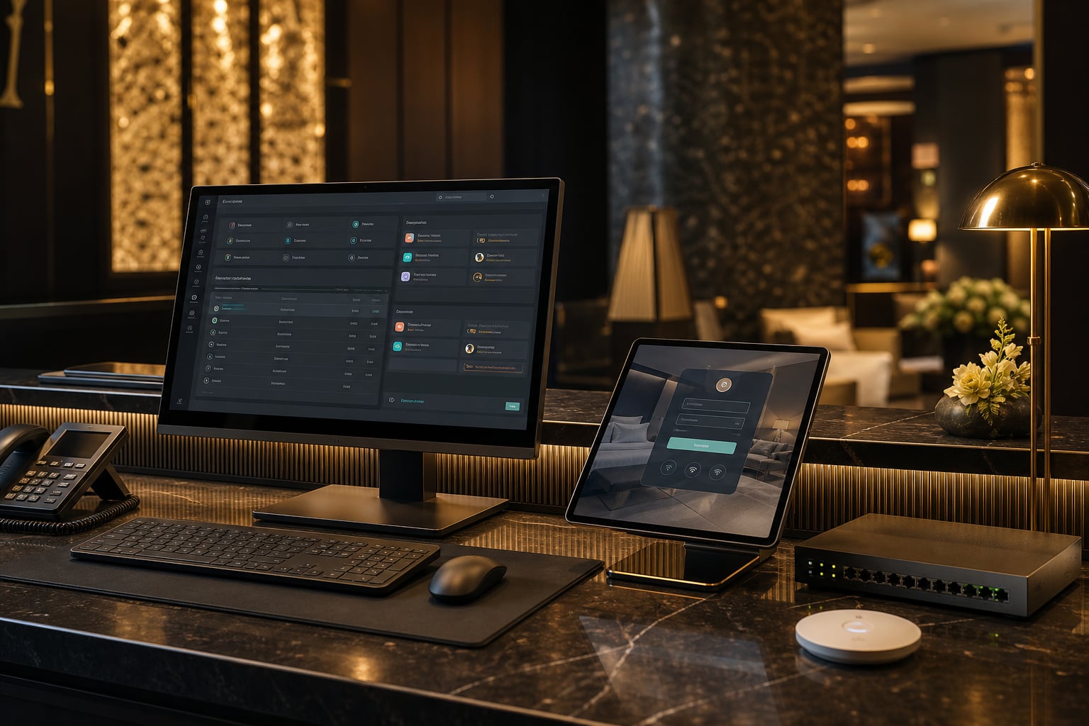Hotel reception technology connecting property management and guest hotspot systems