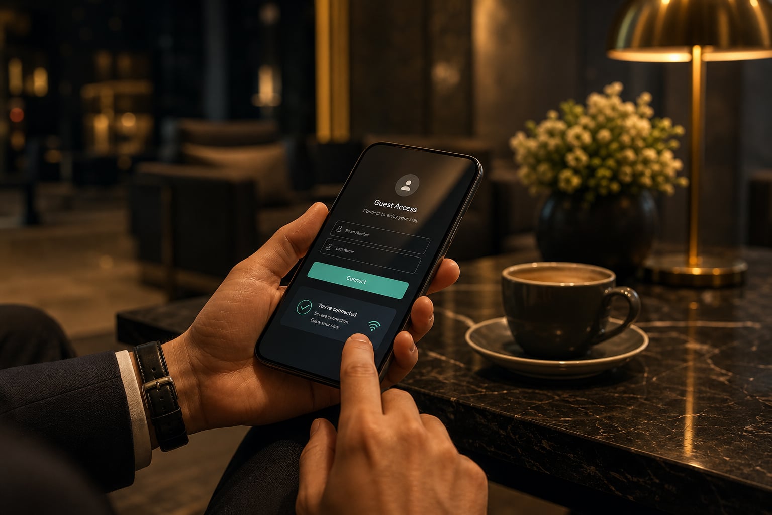Hotel guest completing secure network authentication on a smartphone
