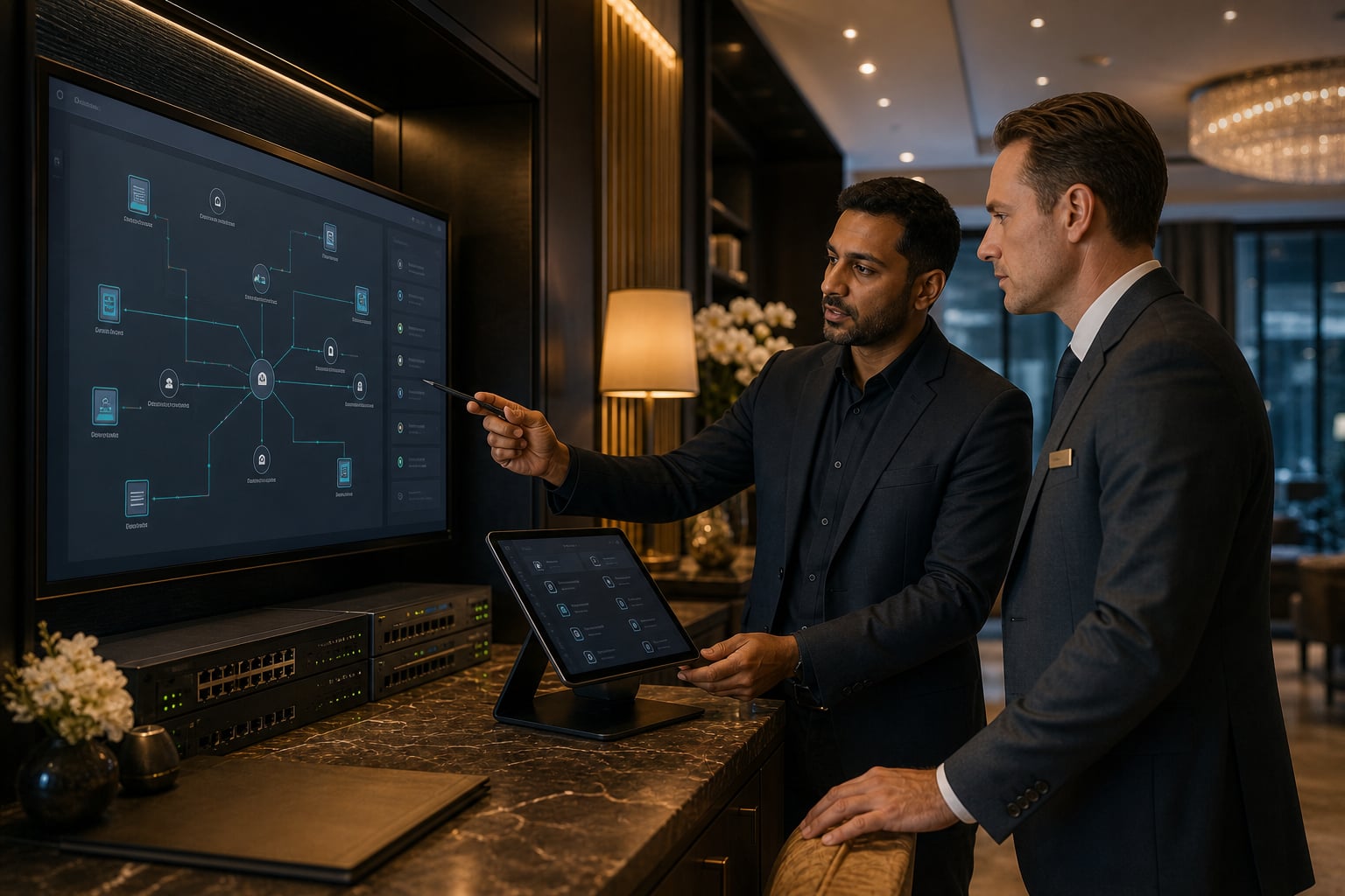 Hotel manager and network specialist reviewing a secure property network