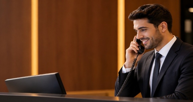 Hospitality employee using an IP desk phone