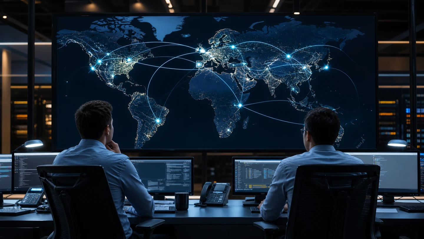 Network operations team monitoring secure connectivity between company locations