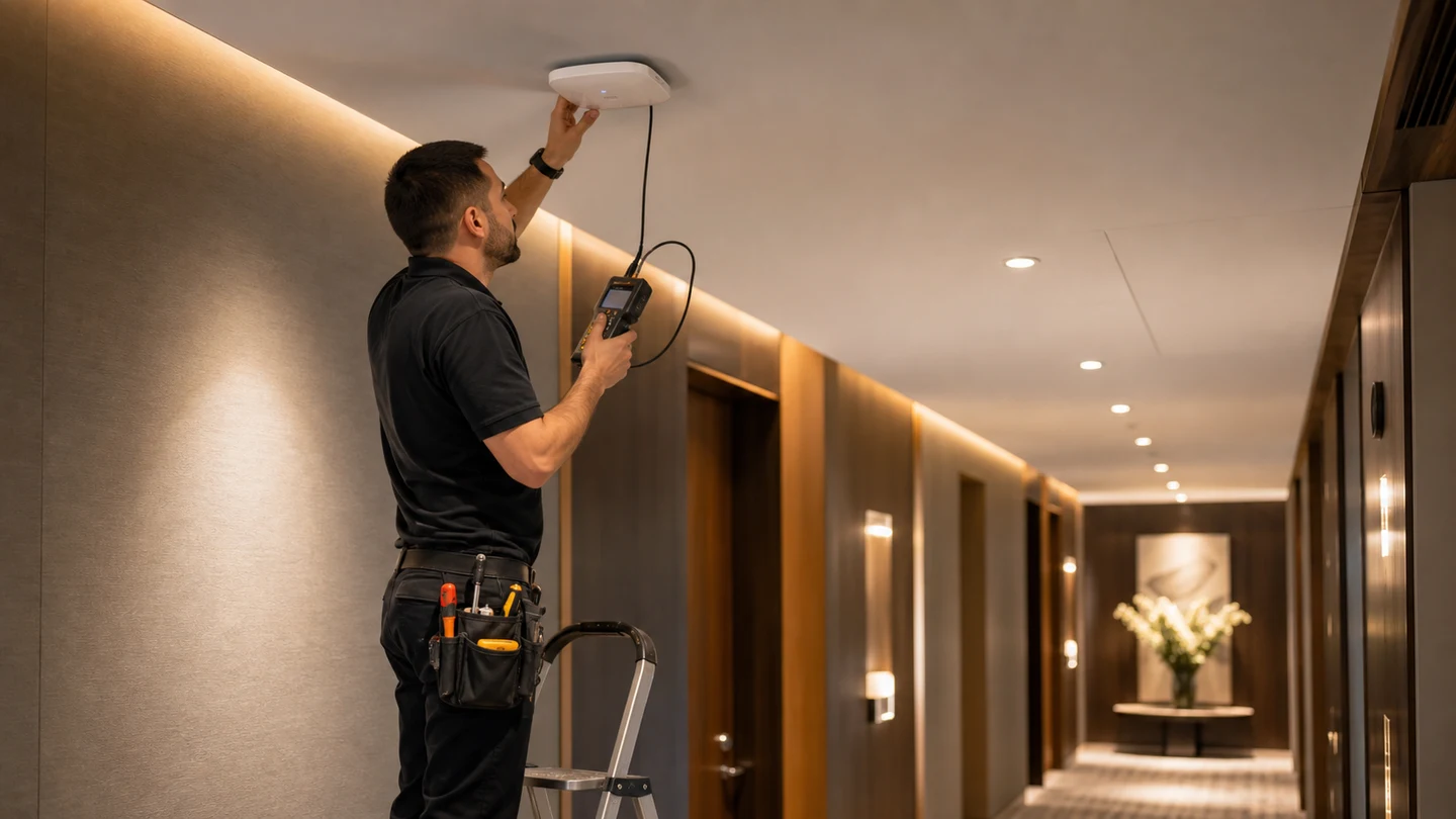 Network technician installing and testing a ceiling Wi-Fi access point in a hotel corridor