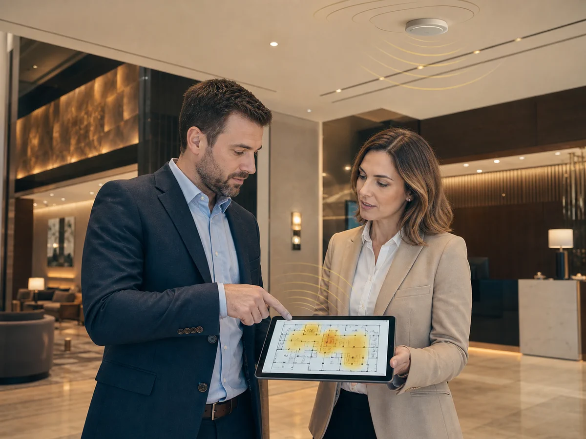 Wi-Fi consultant and property manager reviewing a wireless coverage plan on a tablet